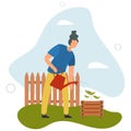 People gardening. Cartoon character working with farmer tools .watering seedlings. growing plants