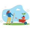 People gardening. Cartoon character working with farmer tools .woman with a shovel.flat vector illustration