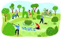 People gardening in park, men and women planting greenery and cutting bushes, vector illustration