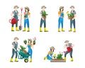 People gardening. set of vector flat illustrations of people doing garden job - watering, planting. Woman planting gardens flowers Royalty Free Stock Photo