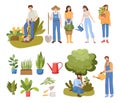 People gardening vector flat illustration. People watering plants and digging garden. Royalty Free Stock Photo