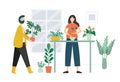 People gardening. Woman in gloves replanting sprout into new flowerpot. Man carrying plant. Characters taking care of