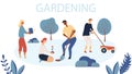 People Gardening. Woman and Man are Planting Gardens Flowers, Man is Mowing the Lawn. Agriculture and Garden Job