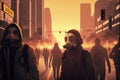 The people in gas masks walk on the street of the futuristic city at sunset, the air thick with pollution and danger