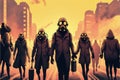 The people in gas masks walk on the street of the futuristic city at sunset, the air thick with pollution and danger