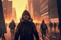 The people in gas masks walk on the street of the futuristic city at sunset, the air thick with pollution and danger