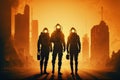 The people in gas masks walk on the street of the futuristic city at sunset, the air thick with pollution and danger