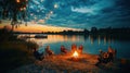 People gather around Campfire on the beach at Sunset With Friendship Theme Royalty Free Stock Photo