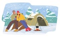 People Gather near the Cozy Tent During Their Hiking Camp In The Serene Winter Wilderness. Roaring Fire Royalty Free Stock Photo