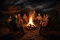 People Gathered Around a Campfire Enjoying an Outdoor Evening, group of seniors gathered around a bonfire, sharing stories and