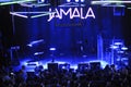 People gathered in front of stage before the beginning of concert Jamala, Ukrainian Crimean Tartar singer, lights Jamala