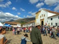 People gathered in the main square of the colonial town of Villa de Leyva Royalty Free Stock Photo