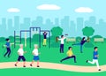 People gathering in city urban park and going sport in nature together, active exercise. Urban landscape, recreation Royalty Free Stock Photo