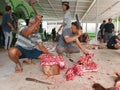 06.29.2023 people gathering in local mosque cutting meat in celebration of eid al adha , Magelang central java Indonesia