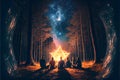 People gathering near ritual fire for magical practice in forest at night