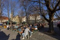 People in a german Biergarten Outdoor Beer Pub at the Viktualienmarkt Victuals Market in Munich during the first wave ofCorona