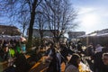 People in a german Biergarten Outdoor Beer Pub at the Viktualienmarkt Victuals Market in Munich during the first wave ofCorona