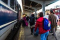 People getting off the train at Bucharest North Railway Station Gara de Nord in Bucharest, Romania, 2019 Royalty Free Stock Photo