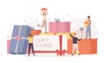 People with gift box. Giant gift boxes and group happy tiny men and women, gift card, discount coupon. Landing page template