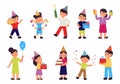 People with gifts. Birthday party, happy celebrating women and man. Cartoon funny kids, festive confetti and food Royalty Free Stock Photo