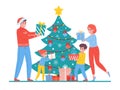 People give Christmas gifts. Happy family decorating New Year tree for holiday together. Cute parents and children Royalty Free Stock Photo