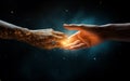 people give each other a helping hand, magic light between hands. Royalty Free Stock Photo