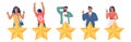 People giving five star feedback, flat vector illustration. Customer satisfaction survey. Five stars rating. Royalty Free Stock Photo