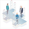 People go through anti-theft sensor gates. Security system detect barcode and notify. Isometric, illustration, vector.