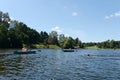 People go boating in the natural-historical park `Kuzminki-Lublino`. Royalty Free Stock Photo