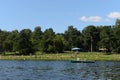 People go boating in the natural-historical park `Kuzminki-Lublino`.