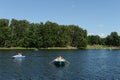 People go boating in the natural-historical park `Kuzminki-Lublino`.