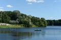 People go boating in the natural-historical park `Kuzminki-Lublino` Royalty Free Stock Photo