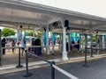 People going through security and bag check at Seaworld in Orlando, Florida wearing face masks and social distancing