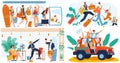 People going on summer vacation trip, funny concept, cartoon characters travel, vector illustration. Office worker ready