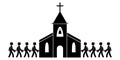 People Going to Entering Church. Black and white pictogram depicting people attending church service mass holding Holy Bible.