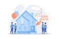 People going to housewarming party flat characters. Open house, open for inspection property, welcome to your new home, real Royalty Free Stock Photo