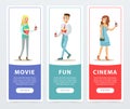 People going to watch movies, three cinema banners set flat vector elements for website or mobile app Royalty Free Stock Photo