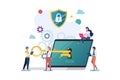 People with Gold key try to unlock laptop. Shield security protection