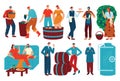 People and grapes wine vector illustration set, cartoon flat man woman character drinking wine, winemaker harvesting