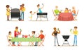 People grill and eat barbecue. Vector illustration. Royalty Free Stock Photo