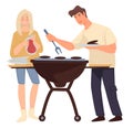 Couple grilling meat, man and woman cooking barbeque weekends