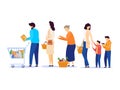 People in grocery store, line at cash desk, supermarket customers, vector illustration Royalty Free Stock Photo