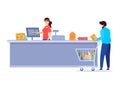 People in grocery store, line at cash desk, supermarket customers, vector illustration Royalty Free Stock Photo