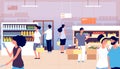 People in grocery store. Persons buy food, vegetables in supermarket. Shopping customers choosing products. Cartoon Royalty Free Stock Photo