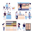 People in grocery store. Persons buying food in supermarket, shop customers woman, man with shopping cart. Isolated Royalty Free Stock Photo