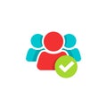 People group and checkmark vector icon, flat cartoon team union logo, success partnership symbol, united membership or