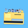 People group on credit card payment electronic money concept over blue background flat