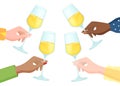 People group different nation hold hand glass champagne alcohol, celebrating time drink wine flat vector illustration Royalty Free Stock Photo
