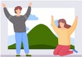 People group excited hold hands up raised arms. Winner success concept, happy characters Royalty Free Stock Photo