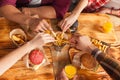 People Group Friends Hands Eating Fast Food Burgers Potato Drinking Orange Juice Royalty Free Stock Photo